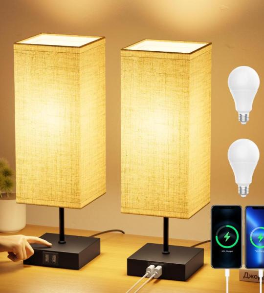 Nachtkastlampjes, set van 2, bedlampje, touch-dimbaar, met 2 USB-snellaadpoorten, 3 kleurtemperaturen en traploze dimming, 2 E27-gloeilampen van 6 W voor slaapkamer, woonkamer, kan