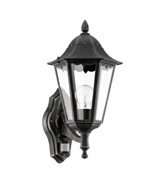 Buitenwandlamp Navedo, 1-lichts buitenlamp incl. bewegingsmelder, sensor-wandlamp van gegoten aluminium en glas, kleur: zwart, zilver-patina, fitting: E27, IP44