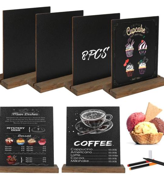 Leisteenbord, 8 stuks, klein krijtbord met rustieke houten standaard, buffet, prijskaartjes, standaard, drankkaart voor bar, café, verjaardag, bruiloft, bevat 3 stiften (stijl 1)