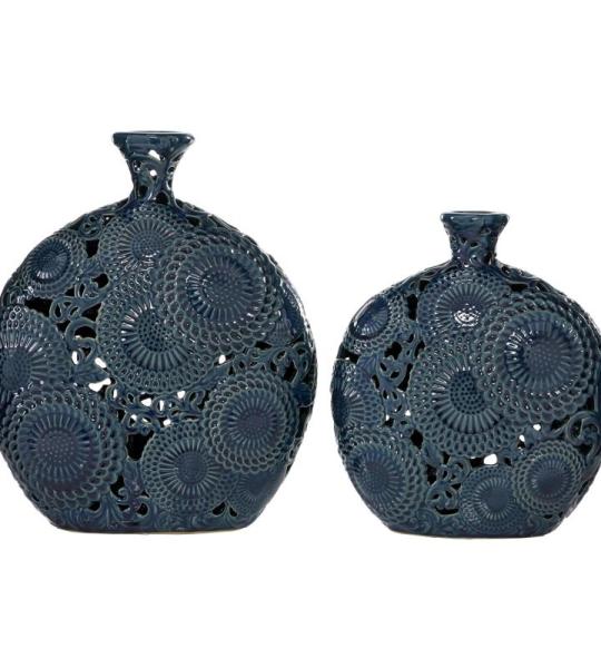 Keramische bloemenvaas met uitgesneden patronen, set van 2 16", 13" H, blauw