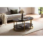 Salontafel, 100 x 60 x 45 cm, zwart met marmerlook, design woonkamertafel, rechthoekig, loungebanktafel met plank, koffietafel, modern, met goudkleurig metalen frame