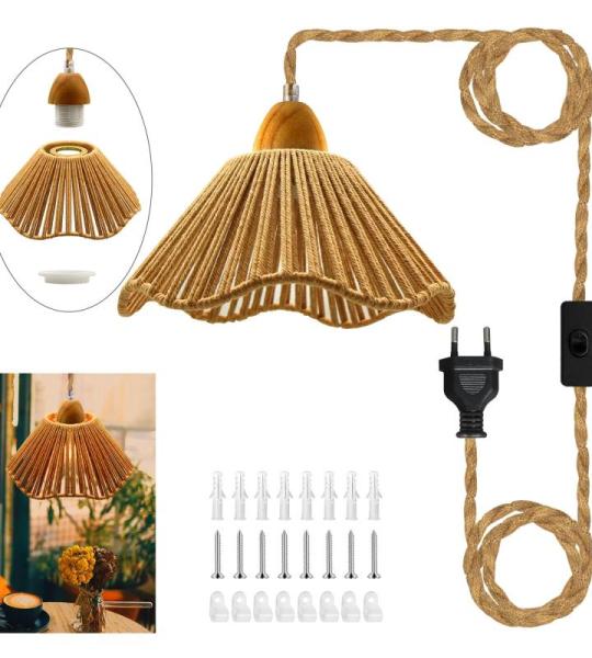 Retro houten hanglamp met stekker, industrieel henneptouw, set met schakelaar, E27-fitting met kabel, 4 meter, vintage lampenkap, voor woonkamer, balkon, gang, zonder gloeilamp