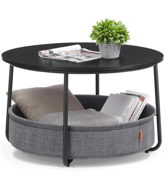 Salontafel rond, tafel met opbergruimte, bijzettafel, woonkamertafel met mand van stof, modern, metalen frame, inktzwart-leigrijs LCT244B56