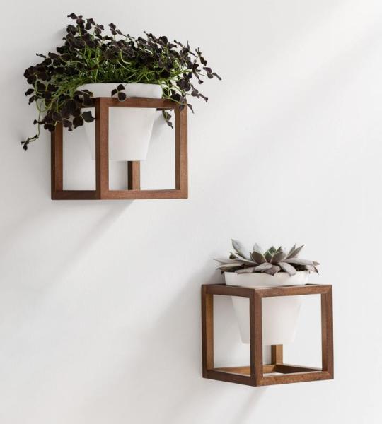 Wandvazen Lille | hangende bloempotten in echt houten frame | 2-delige bloempot set van keramiek en hout voor muur, tafel en meer | walnootbruin