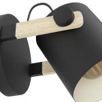 wandlamp Hornwood, vintage muurlamp in industrieel ontwerp, retro wandspot van staal en hout, kleur zwart, crème, bruin, E27 fitting, FSC-gecertificeerd