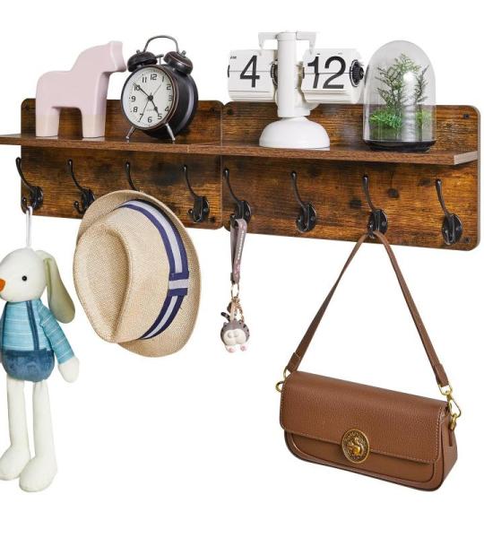 Kapstok plank wandmontage, houten kapstokhaken set van 2, entree kapstok met 8 haken, 80 cm L zwevende planken, sleutelhouder, voor keuken, badkamer, woonkamer, rustiek bruin, HWS0