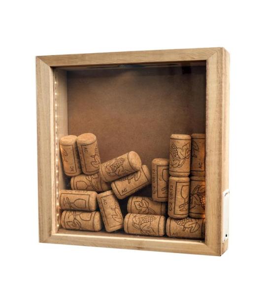 Rustikale Schattierbox aus Naturholz mit Lichtern, LED-beleuchtete Vitrine für Weinkorken und Tickets, Bierdeckel, 25,4 x 25,4 cm