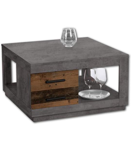 Festival Fulda Twee laden van oud hout, cement-ruime salontafel met legplank voor je woonkamer, Engineered, 80 x 46 x 80 cm