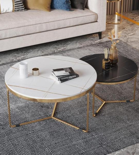 Stijlvolle marmeren salontafel set met stevig metalen frame moderne nesten bijzettafels voor woonkamer en slaapkamer ruimtebesparend ontwerp 24 & 18 inch diameter