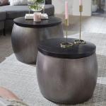 Design Salontafel, 2-delige set, mango, massief hout, rond, zilver, woonkamertafel, aluminium afneembaar deksel, bijzettafel, modern, metaal/hout, 2-delig, met opbergruimte