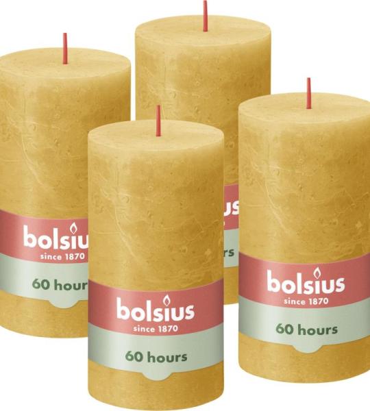 Rustieke stompkaarsen, okergeel, set van 4 stuks, decoratieve kaarsen voor huishouden, lengte brandduur 60 uur, ongeparfumeerde, natuurlijke plantenwas, zonder palmolie, 13 x 7 cm
