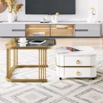 Nestbare salontafel: hoogglans marmeren buitenkant en glazen tafelblad, gouden decoratie, bijzettafel met lade. Set van twee