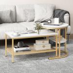 Set van 2 salontafels, bijzettafel, marmerlook met metalen frame en plank, koffietafel, woonkamertafel, banktafel voor woonkamer, slaapkamer (wit + goud)