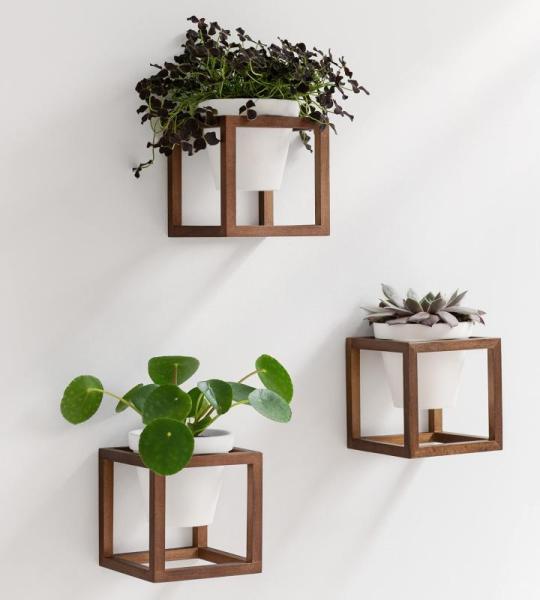 Wandvasen -Lille- | Hängende Blumentöpfe in Echtholzrahmen | 3-teiliges Übertopf-Set aus Keramik und Holz für Wand, Tisch und mehr | Walnuss-Braun