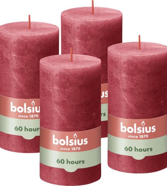 Rustieke stompkaarsen, rood, 4 stuks, 13 x 7 cm, lengte brandduur 60 uur, ongeparfumeerde, natuurlijke plantenwas, zonder palmolie