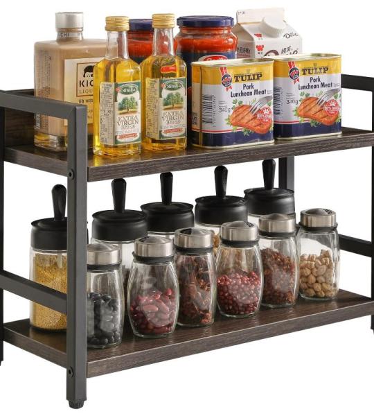 2-Tier Spice Rack Industriële Counter Plank Desktop Opslag Organizer Staand Kruidenrek voor Aanrecht Keuken Kantoor Woonkamer Desktop Donkergrijs TLJ002G
