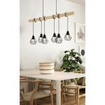 hanglamp Townshend 5, 6-lichts vintage pendellamp in industrieel ontwerp, retro plafondlamp hangend van staal en hout, kleur zwart, bruin, FSC gecertificeerd, E27