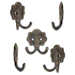 Klassieke kapstokhaken, dubbele haken, hoedhaken, kledinghaken, ijzeren haken, antiek design, set van 5, brons (klein)
