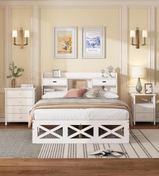 Complete slaapkamerset, modern design, houten bed + nachtkastje + commode, 140 x 200 cm, tweepersoonsbed met opbergfunctie, nachtkastje met 2 laden en een vak (wit 2)