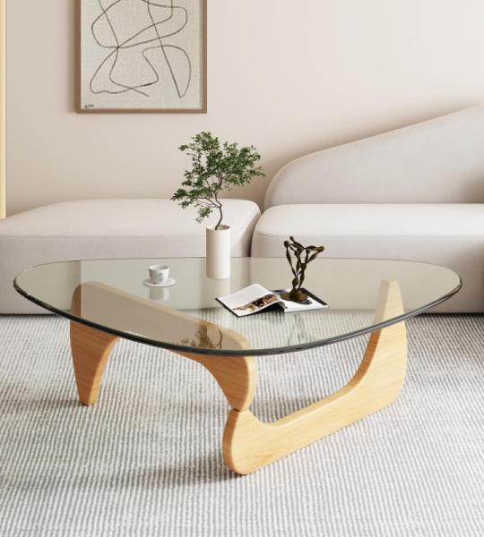 Skandinavischer Couchtisch, Wohnzimmertisch mit Platte aus Hartglas, Beistelltisch aus Holz, Kaffeetische, Schlafzimmer, Büro, Kaffee (Holz + transparent, 114 cm)