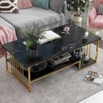 Witte salontafel met opbergruimte, rechthoekige banktafels open plank voor woonkamer, marmeren afwerking in het midden en metalen frame eetkamer thuiskantoor decor zwart, 100 cm (3