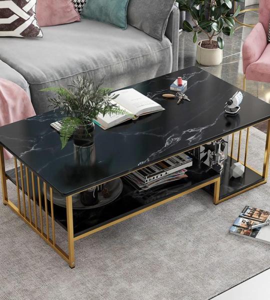 Witte salontafel met opbergruimte, rechthoekige banktafels open plank voor woonkamer, marmeren afwerking in het midden en metalen frame eetkamer thuiskantoor decor zwart, 100 cm (3