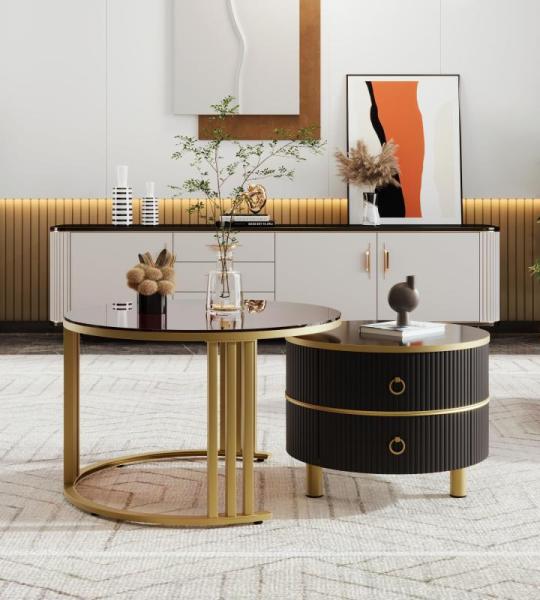 Ronde salontafel, set van 2 met gouden metalen frame en bruine glazen plaat, moderne bijzettafel, woonkamertafel, banktafel met 2 laden, 70 x 70 x 45 cm + 50 x 50 x 40 cm (zwart)
