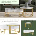 Ronde salontafel, set van 2, et met laden, banktafel met leisteen-marmeren textuur en gouden metalen frame, moderne , woonkamertafels voor slaapkamer, woonkamer, decoratie