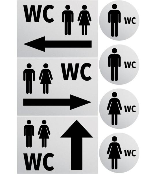 Sticker Wc-toiletset voor dames en heren – weerbestendig – toiletbordje – deurbordje – folieplaatje – D = 148 mm, waarschuwingsborden neutraal grijs (2 wc-heren-dames+3 p