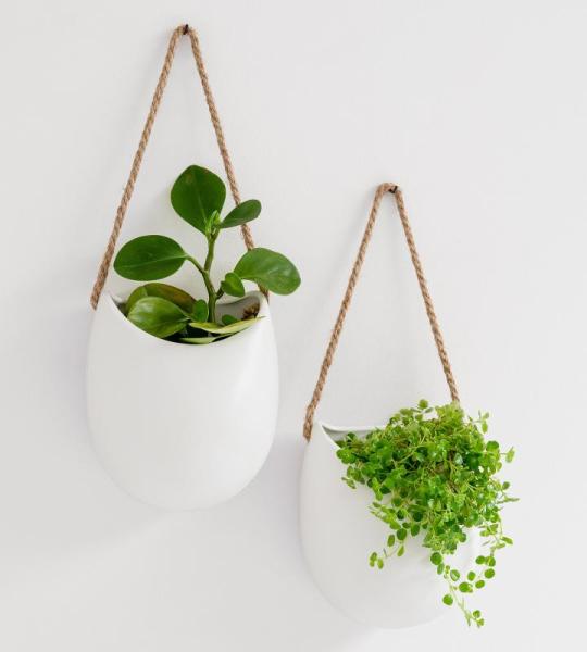 Wandvazen -Ellie- | hangende keramische bloempotten 2-delig | wanddecoratie voor kamer, balkon en tuin | wit (mat)