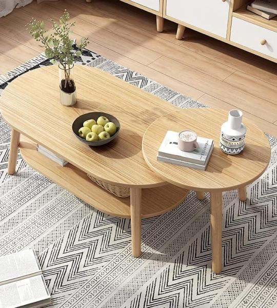 Moderner Couchtisch für das Wohnzimmer. Satztische für das Wohnzimmer, 2er-Set, große ovale Couchtische für das Wohnzimmer und Kleiner runder Beistelltisch mit Ablagefläche, 2