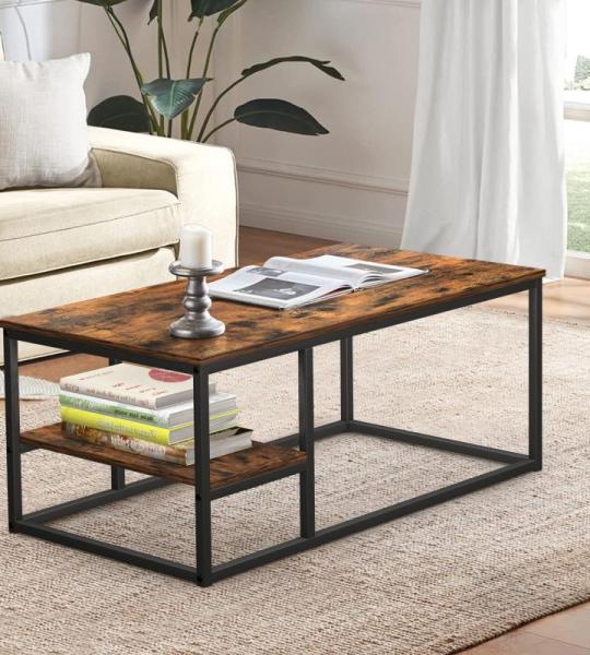 Salontafel, woonkamertafel, salontafel met stalen frame en planken, industrieel design, Scandinavische stijl, eenvoudige montage, bijzettafel, vintage bruin