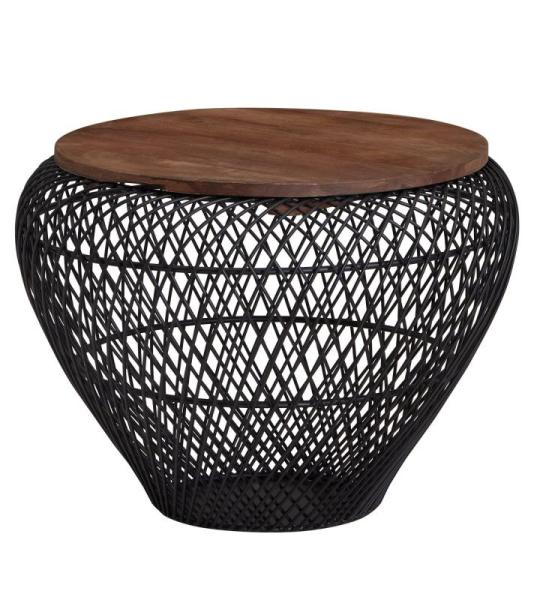 FineBuy Salontafel, mango, massief hout, metaal, 60 x 60 x 45 cm, rond, met opbergruimte, moderne bijzettafel, salontafel, woonkamer