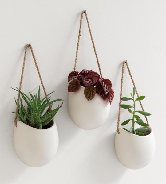 Wandvazen -Ellie- | hangende keramische bloempotten 3-delig | wanddecoratie voor kamer, balkon en tuin | crème (mat)