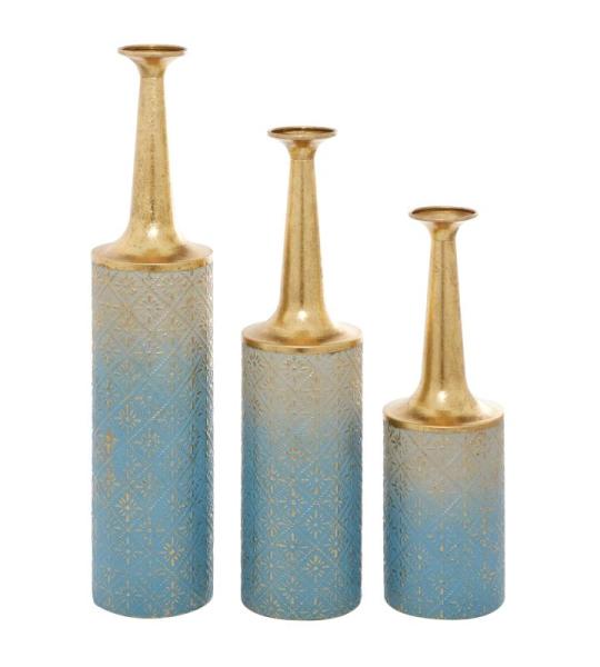 Metalen bloemenvaas met gouden top, set van 3 27", 24", 20" H, blauw
