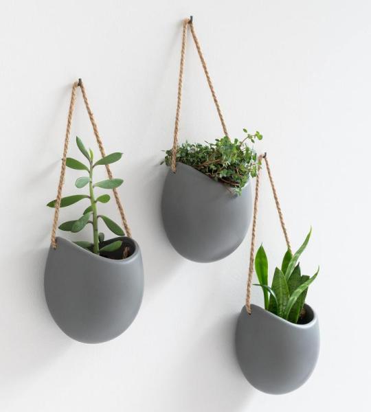 Wandvazen -Ellie- | hangende keramische bloempotten 3-delig | wanddecoratie voor kamer, balkon en tuin | grijs (mat)