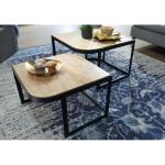 salontafel set van 2 Mango massief houten/metalen salontafel bruin | Industriële bijzettafel bijzettafel metalen poten zwart | 2-delige placemat bijzettafel van hout