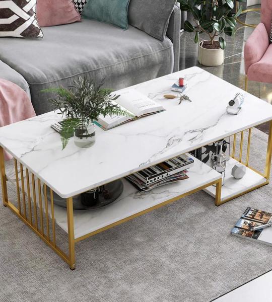 Witte salontafel met opbergruimte, 39" rechthoekige banktafels met open plank voor woonkamer, middentafel salontafel met marmeren afwerking en metalen frame voor woonkamer, eetkame