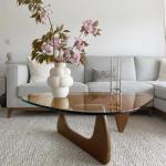 Skandinavischer Couchtisch, Wohnzimmertisch mit Platte aus Hartglas, Beistelltisch aus Holz, Kaffeetische, Schlafzimmer, Büro, Café (Walnut + Braun, 114 cm)