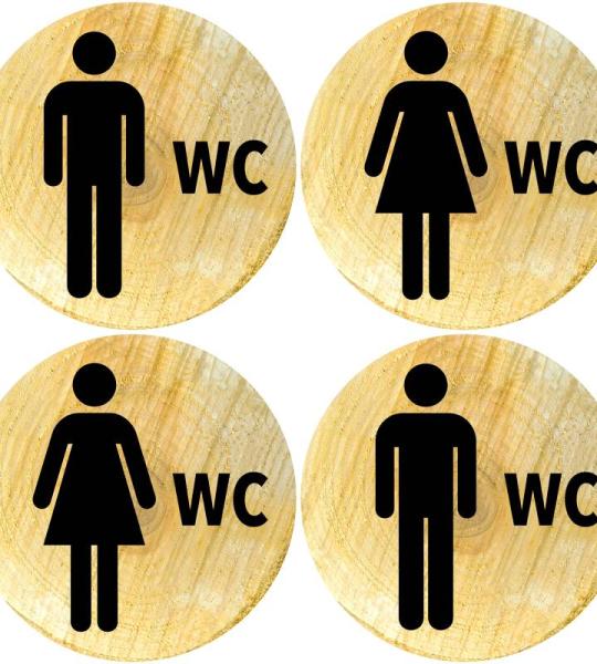 Toiletbordje voor dames en heren, weerbestendig, deurbordje, foliebord, D = 148 mm, rustiek hout, 2 wc-borden voor heren en dames, hout