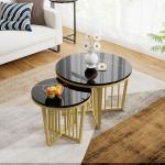 Moderne ronde salontafel set van 2 met PVC marmerpatroon desktop en gouden metalen frame, hoogglans bijzettafelset woonkamertafel koffietafel koffietafel banktafel (zwart)