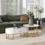Ronde salontafel, set van 2, et met laden, banktafel met leisteen-marmeren textuur en gouden metalen frame, moderne , woonkamertafels voor slaapkamer, woonkamer, decoratie