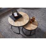 salontafel set van 2 massief houten/metalen salontafel industrieel rond | Bijzettafel met metalen poten zwart | 2-delige placemat bijzettafel van hout