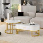 Ronde salontafel, set van 2, et met laden, banktafel met leisteen-marmeren textuur en gouden metalen frame, moderne , woonkamertafels voor slaapkamer, woonkamer, decoratie