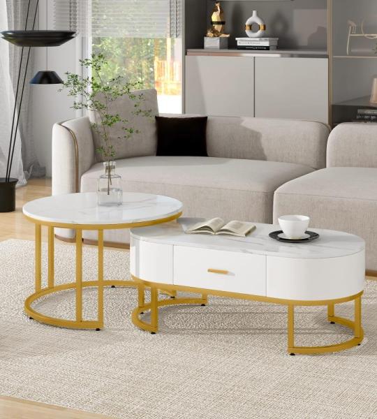 Ronde salontafel, set van 2, et met laden, banktafel met leisteen-marmeren textuur en gouden metalen frame, moderne , woonkamertafels voor slaapkamer, woonkamer, decoratie