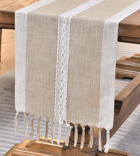 Borduurwerk katoen linnen tafelloper boerderijstijl indoor outdoor koffie tafel loper 275 cm met handkwasten voor feest eetkamer keuken decoraties (koffie, 275 cm)