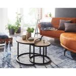 salontafel set van 2 Mango massief houten/metalen salontafel rond | Industriële bijzettafel met metalen poten zwart | 2-delige placemat bijzettafel van hout