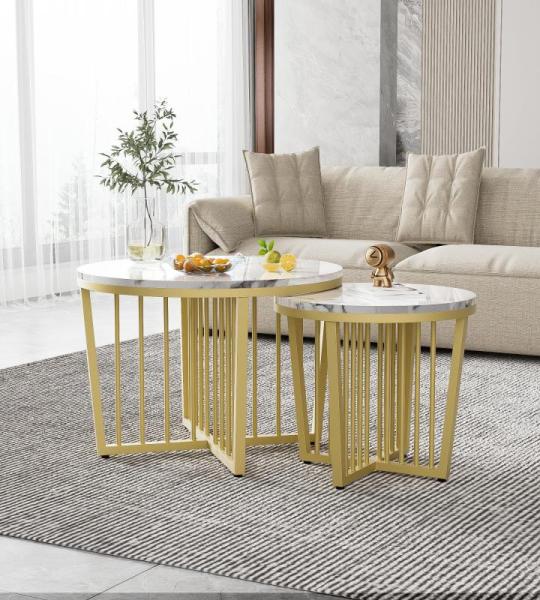 Moderne ronde salontafel set van 2 met PVC marmerpatroon desktop en gouden metalen frame, hoogglans bijzettafelset woonkamertafel koffietafel salontafel salontafel salontafel (wit)