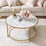 Ronde salontafel, woonkamertafel met stalen frame, salontafel, bijzettafel, wit-goud LCT091A10