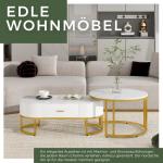 Ronde salontafel, set van 2, et met laden, banktafel met leisteen-marmeren textuur en gouden metalen frame, moderne , woonkamertafels voor slaapkamer, woonkamer, decoratie